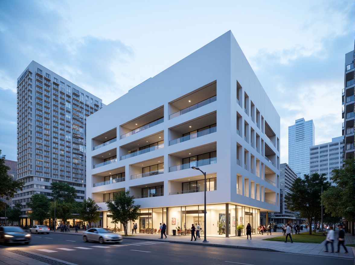 Prompt: Simple white facade, clean lines, minimal ornamentation, large glass windows, sliding doors, cantilevered rooflines, open-air balconies, sleek metal railings, subtle LED lighting, urban cityscape, busy streets, modern skyscrapers, cloudy blue sky, soft natural light, shallow depth of field, 1/1 composition, symmetrical architecture, monochromatic color scheme, abstract patterns, geometric shapes, functional simplicity.