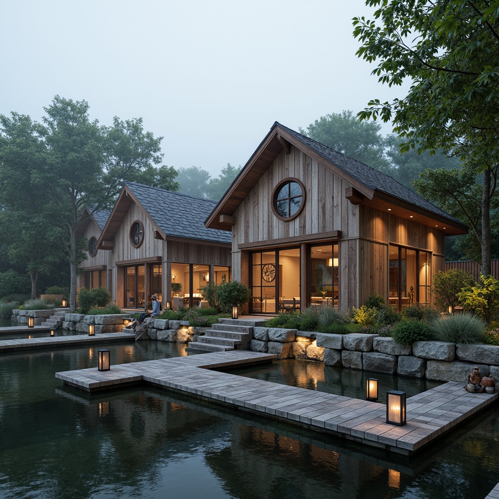 Prompt: Waterfront location, serene lake views, wooden dock, rustic boathouse, natural stone foundation, wooden accents, nautical decorations, porthole windows, curved rooflines, weathered wood textures, soft warm lighting, shallow depth of field, 1/1 composition, realistic reflections, ambient occlusion, lush greenery, surrounding trees, misty morning atmosphere.