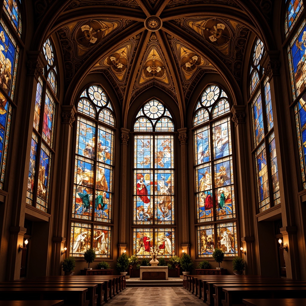 Prompt: Vibrant stained glass windows, rich jewel-toned mosaics, warm golden lighting, ornate intricate patterns, grandiose cathedral ceilings, modern minimalist chapels, sleek metal accents, sacred geometric symbols, bold contrasting colors, dramatic shadows, soft ambient illumination, 1/1 composition, symmetrical framing, realistic textures, subtle atmospheric effects.