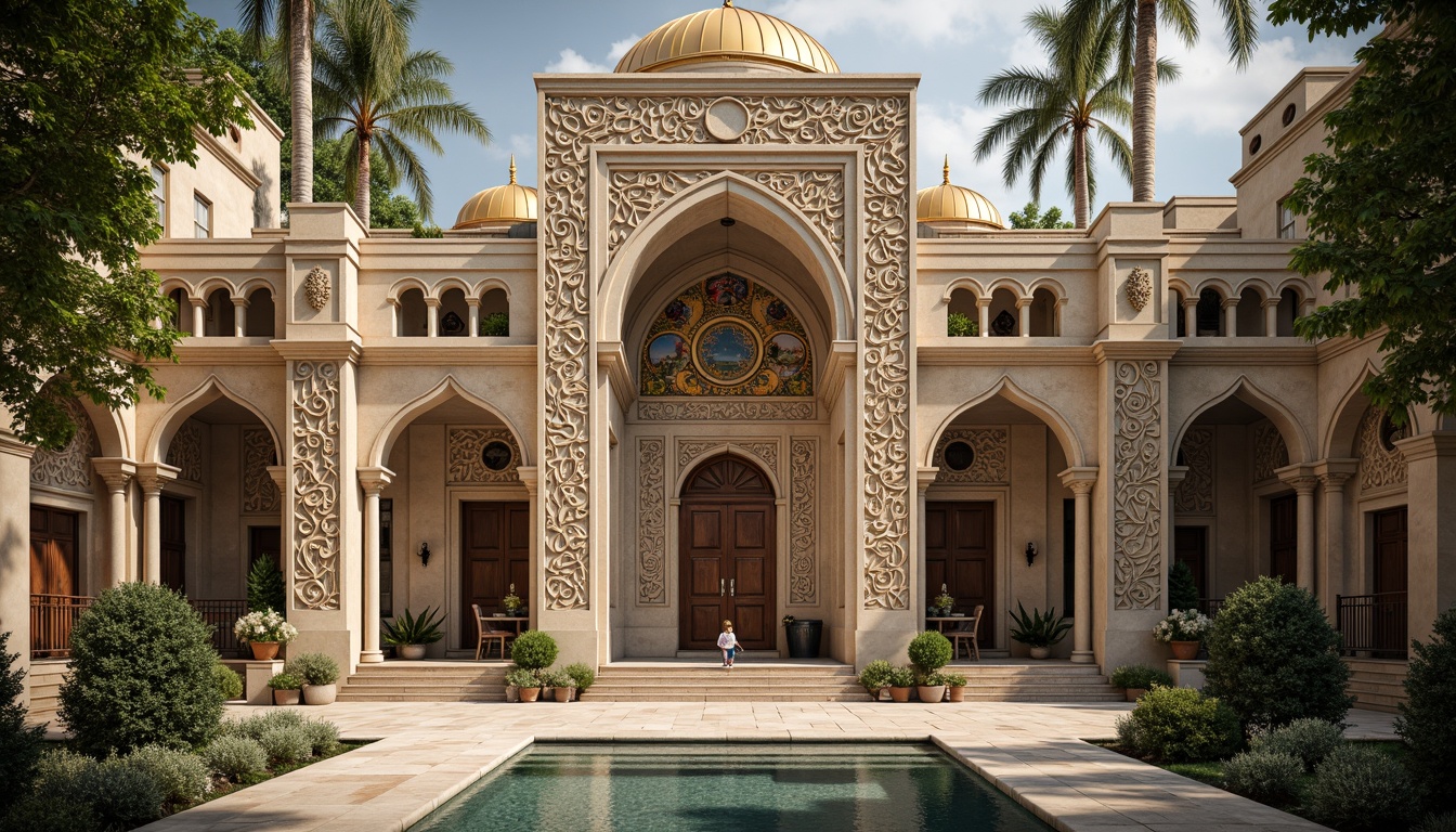 Prompt: Intricate stone carvings, ornate golden domes, majestic archways, grand entrance gates, rustic wooden doors, vibrant mosaic patterns, richly textured stonework, Byzantine-inspired frescoes, serene courtyard gardens, tranquil fountain features, soft warm lighting, shallow depth of field, 3/4 composition, panoramic view, realistic textures, ambient occlusion.