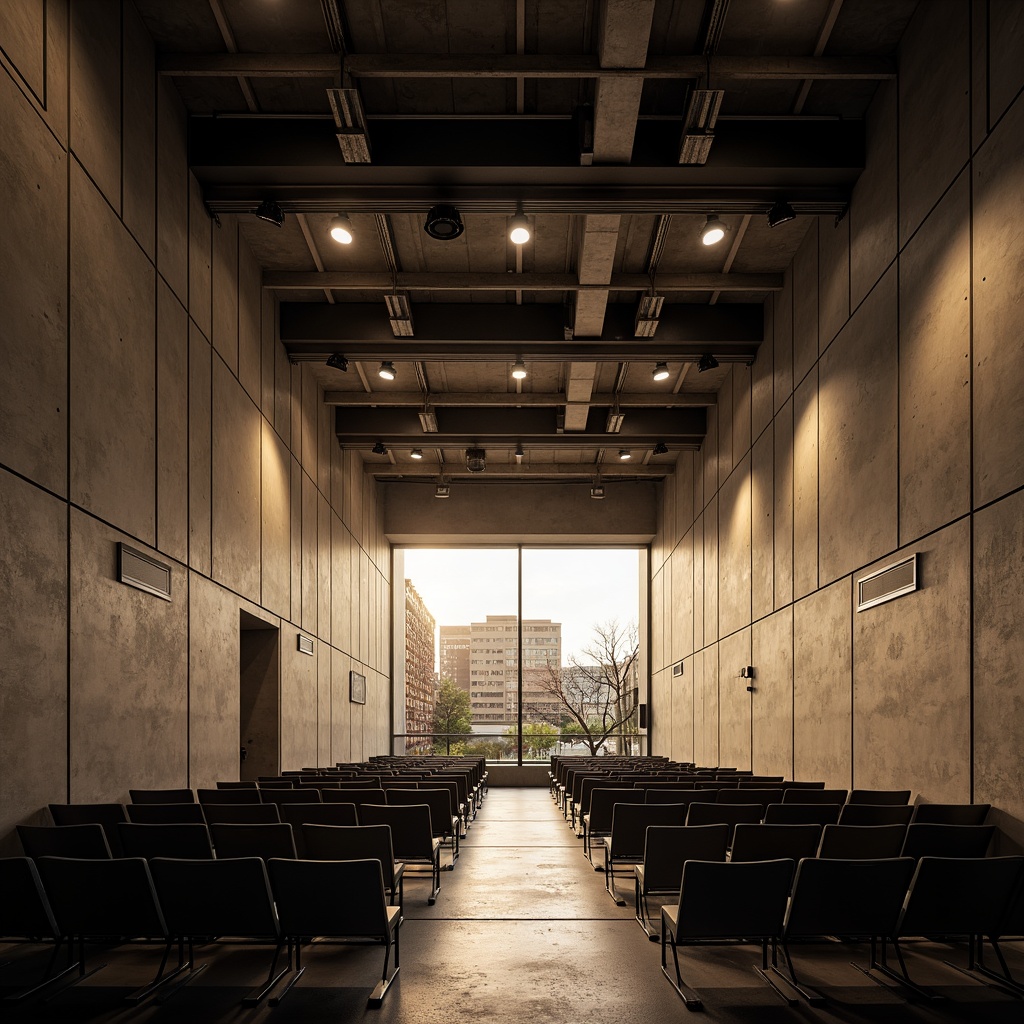 Prompt: Raw concrete walls, exposed ductwork, industrial metal beams, minimalist seating, avant-garde stage design, dramatic spotlights, reverberant sound reflections, echoey ambiance, brutalist architecture, angular lines, monochromatic color scheme, urban cityscape, evening atmosphere, warm golden lighting, shallow depth of field, 1/2 composition, symmetrical framing, high-contrast textures, ambient occlusion.