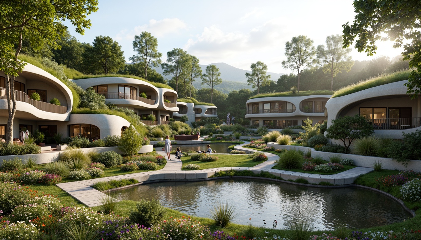 Prompt: Organic blob-shaped buildings, curved lines, futuristic architecture, lush green roofs, verdant walls, natural stone foundations, winding water features, serene ponds, walking trails, wooden bridges, vibrant flower arrangements, native plant species, warm sunny day, soft diffused lighting, shallow depth of field, 3/4 composition, panoramic view, realistic textures, ambient occlusion.