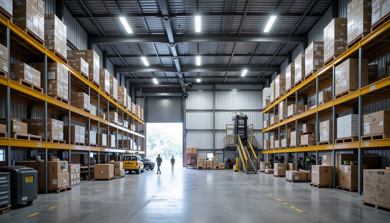 Prompt: Modern distribution center, high-ceiling warehouse, industrial shelving systems, efficient storage solutions, automated conveyor belts, loading docks, freight elevators, commercial lighting fixtures, polished concrete floors, steel beams, minimalist interior design, functional color scheme, optimized workflow layout, 1/1 composition, softbox lighting, realistic textures, ambient occlusion.