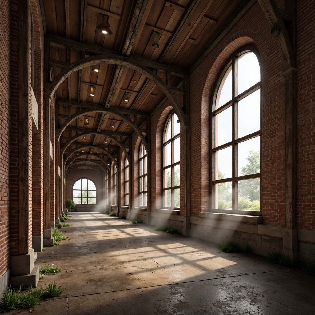 Prompt: Rustic warehouse interior, exposed brick walls, vaulted ceilings, Romanesque arches, industrial metal beams, reclaimed wood accents, earthy color palette, warm soft lighting, shallow depth of field, 1/1 composition, realistic textures, ambient occlusion, atmospheric mist, dramatic shadows, ancient-inspired carvings, ornate stone details, grandiose scale, mysterious ambiance.