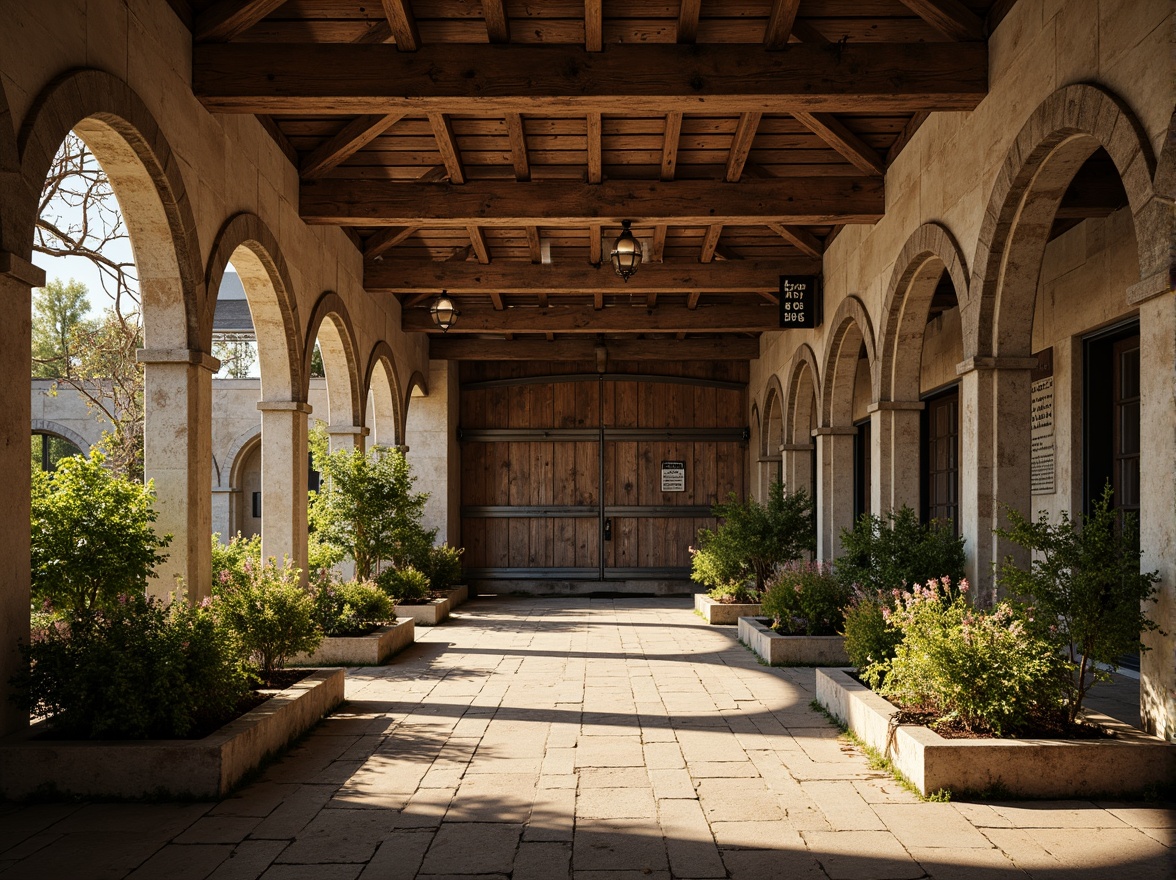 Prompt: Rustic warehouse, Romanesque arches, weathered stone walls, lush greenery, overflowing planters, reclaimed wood accents, industrial metal doors, vintage signage, distressed brick textures, earthy color palette, warm golden lighting, shallow depth of field, 1/1 composition, symmetrical framing, dramatic shadows, ambient occlusion.