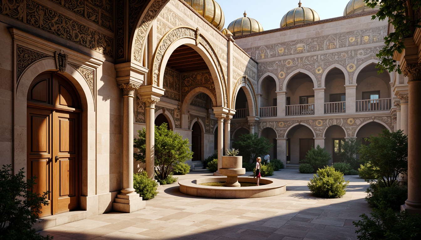 Prompt: Intricate stone carvings, ornate arches, grand domes, golden mosaics, vibrant frescoes, rustic brick walls, weathered wooden doors, ornamental ironwork, mystical symbols, serene courtyard, lush greenery, tranquil fountain, soft warm lighting, shallow depth of field, 3/4 composition, panoramic view, realistic textures, ambient occlusion.