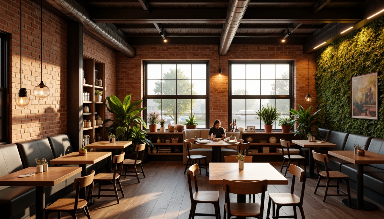 Prompt: Cozy coffee shop interior, warm wooden accents, industrial metal beams, exposed brick walls, comfortable seating areas, pendant lamps, Edison bulbs, soft warm lighting, layered lighting effects, ambient glow, natural textures, reclaimed wood tables, vintage decorative items, lush greenery, living walls, modern minimalist decor, urban loft atmosphere, morning sunlight, soft shadows, 1/1 composition, realistic renderings, subtle color grading.