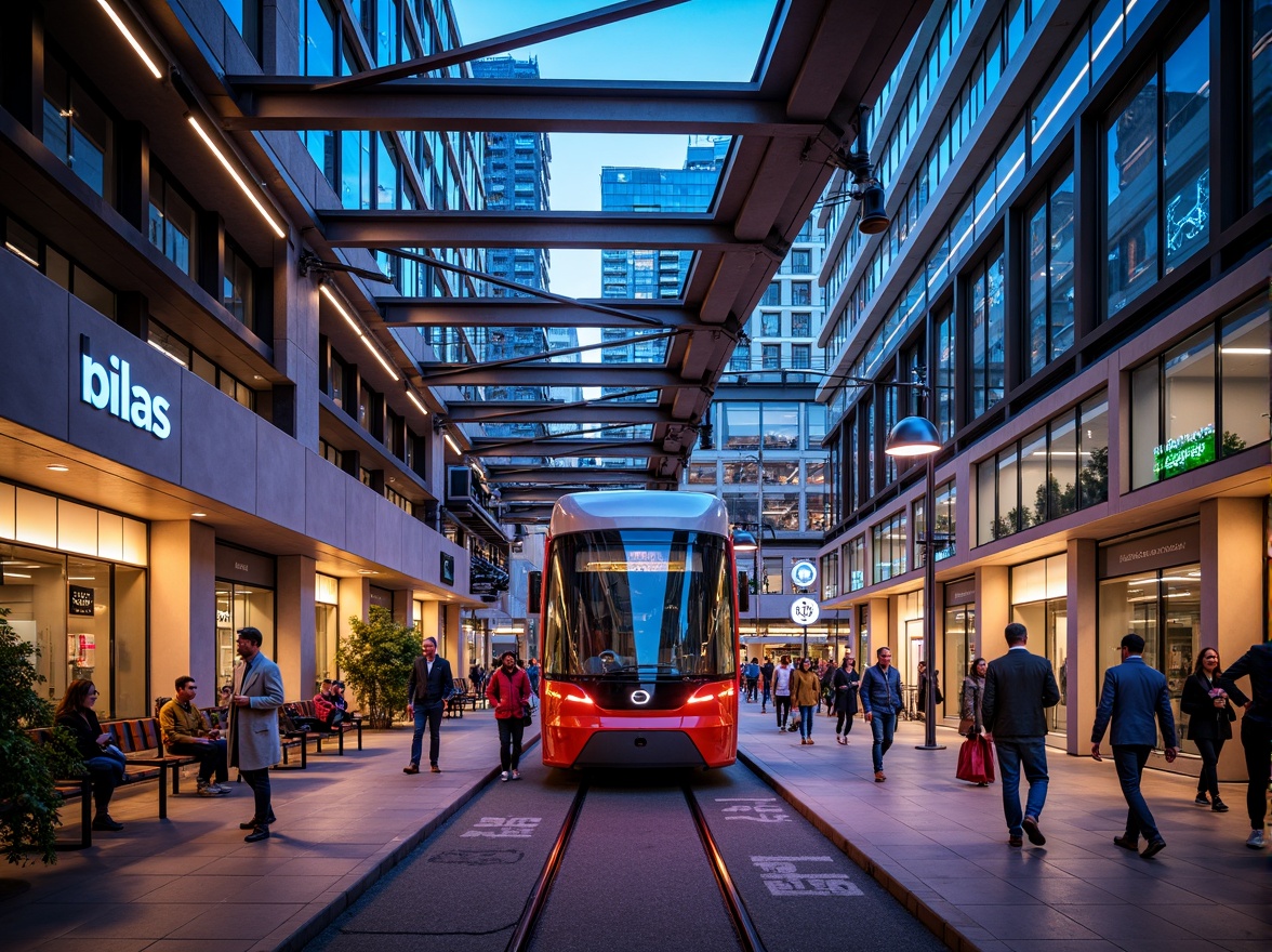 Prompt: Vibrant tram station, modern architecture, sleek metal beams, glass roofs, LED light installations, futuristic ambiance, dynamic color schemes, neon signs, urban cityscape, busy pedestrian traffic, rush hour atmosphere, soft warm lighting, shallow depth of field, 1/1 composition, realistic textures, ambient occlusion, suspended ceiling lights, linear fluorescent lamps, circular pendant lights, geometric patterned flooring, polished metal handrails, comfortable seating areas.