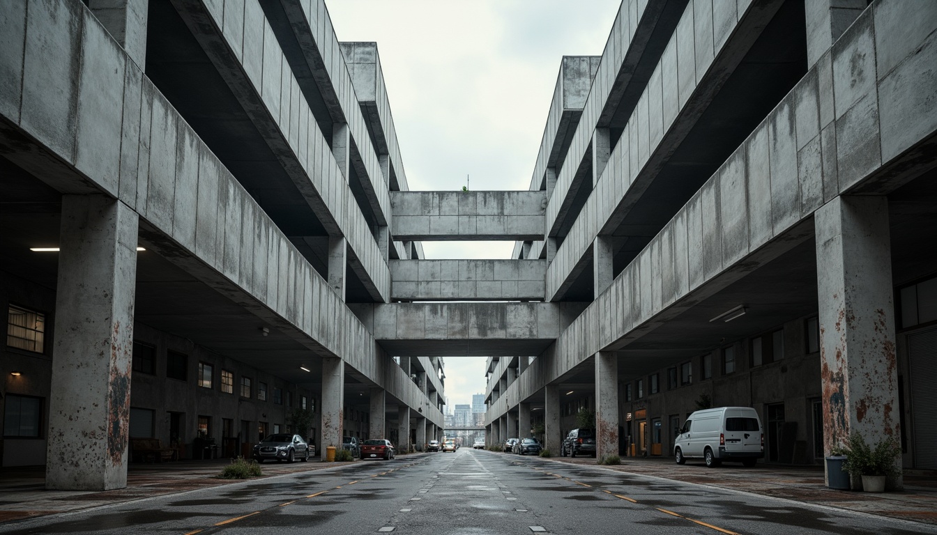 Prompt: Massive concrete forms, brutalist architecture, industrial distribution center, rugged textures, exposed ductwork, raw steel beams, functional minimalism, urban cityscape, overcast skies, dramatic shadows, high-contrast lighting, cinematic composition, symmetrical framing, bold geometric shapes, reinforced materials, utilitarian aesthetic, functional simplicity, mechanized systems, metallic accents, distressed finishes, monumental scale, imposing presence, atmospheric misting.