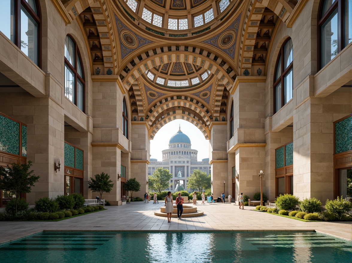 Prompt: Minaret, grand dome, intricate arches, ornate columns, Islamic-inspired patterns, geometric motifs, vibrant turquoise tiles, golden accents, natural stone walls, modern minimalist fa\u00e7ade, clean lines, minimal ornamentation, large windows, stained glass, soft warm lighting, shallow depth of field, 3/4 composition, panoramic view, realistic textures, ambient occlusion, peaceful atmosphere, serene ambiance, spiritual essence.