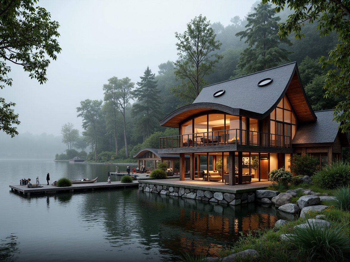 Prompt: Waterfront location, serene lake views, wooden dock, rustic boathouse, natural stone foundation, wooden accents, nautical decorations, porthole windows, curved rooflines, weathered wood textures, soft warm lighting, shallow depth of field, 1/1 composition, realistic reflections, ambient occlusion, lush greenery, surrounding trees, misty morning atmosphere.