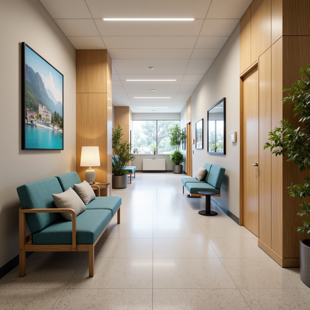 Prompt: Soothing hospital corridors, calming color schemes, natural wood accents, comfortable waiting areas, ergonomic seating, gentle lighting, acoustic panels, minimalist decor, functional nurse stations, private patient rooms, large windows, abundant natural light, soft flooring, warm textures, peaceful artwork, serene atmosphere, shallow depth of field, 1/1 composition, realistic renderings, ambient occlusion.