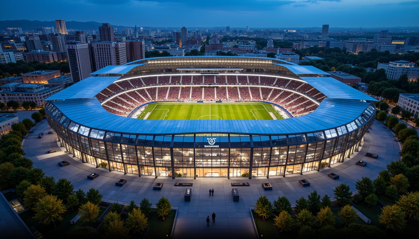 Prompt: Sleek soccer stadium, modernist architecture, curved lines, dynamic shapes, cantilevered roofs, transparent glass facades, metallic cladding, bold color schemes, geometric patterns, asymmetrical compositions, floodlighting, dramatic shadows, urban landscape, bustling cityscape, vibrant atmosphere, energetic crowds, green grass pitches, goalposts, stadium seating, VIP lounges, modern amenities, futuristic design elements, abstract sculptures, LED lighting systems, 3/4 composition, low-angle shot, cinematic lighting.