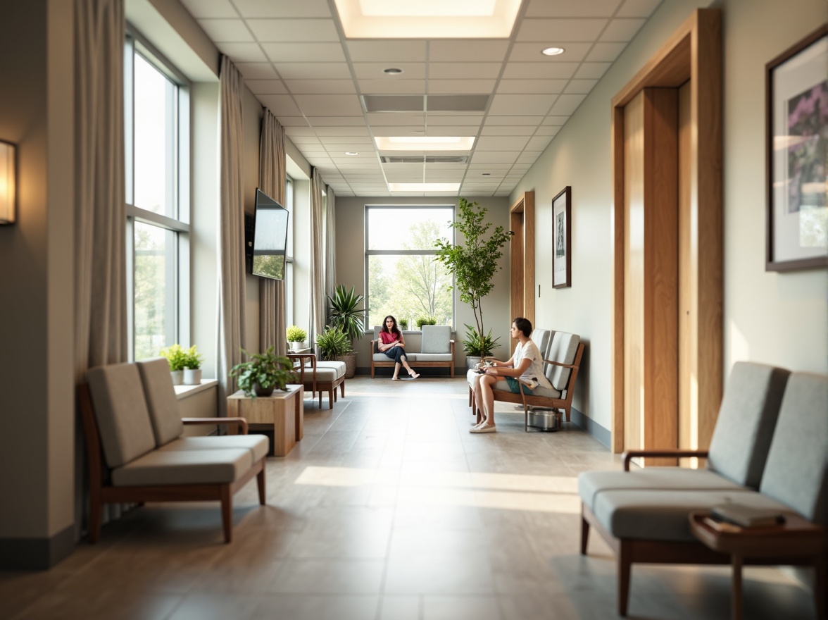 Prompt: Soothing hospital corridors, calming color schemes, natural wood accents, comfortable waiting areas, ergonomic seating, gentle lighting, acoustic panels, minimalist decor, functional nurse stations, private patient rooms, large windows, abundant natural light, soft flooring, warm textures, peaceful artwork, serene atmosphere, shallow depth of field, 1/1 composition, realistic renderings, ambient occlusion.