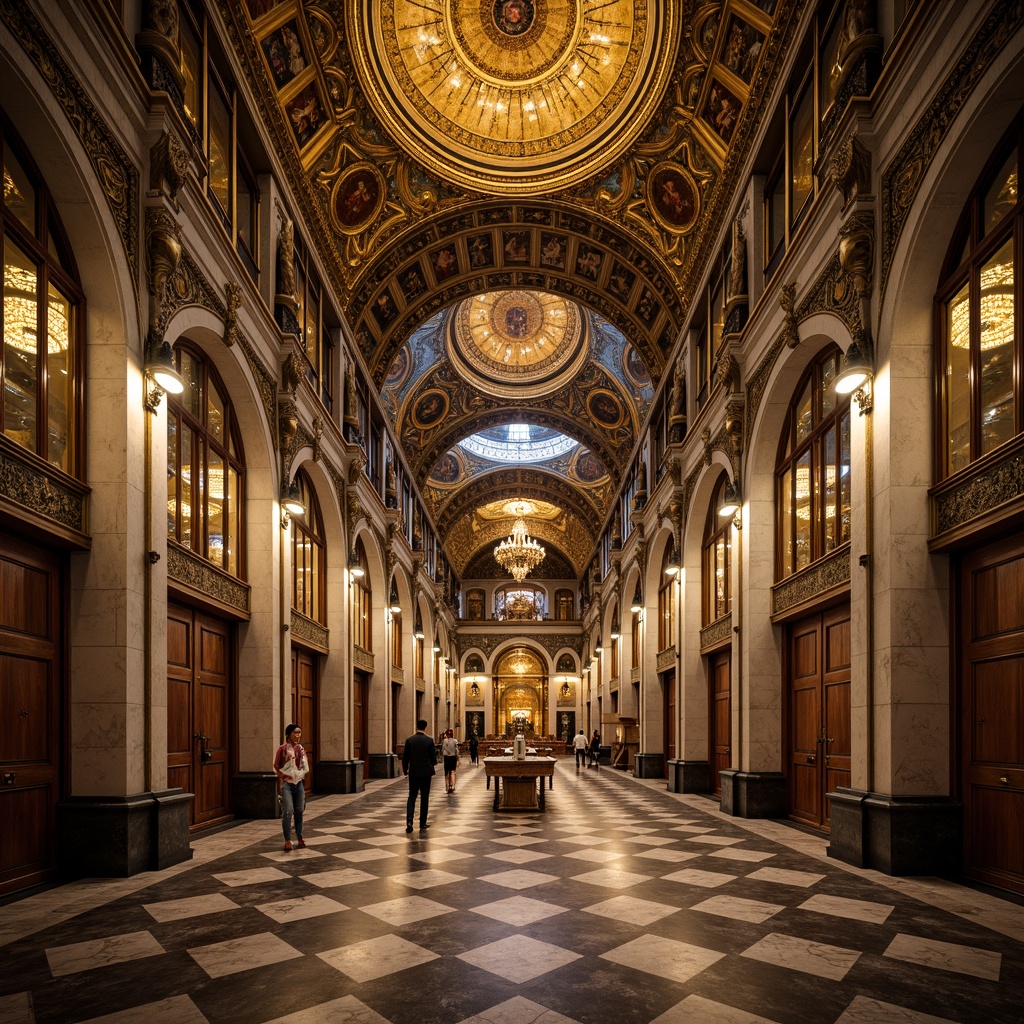 Prompt: Intricate mosaics, golden domes, ornate chandeliers, marble floors, vaulted ceilings, grand archways, rich tapestries, ornamental icons, lavish altarpieces, intricate carvings, polished stone columns, dim warm lighting, soft shadows, atmospheric ambiance, 1/1 composition, symmetrical framing, realistic textures, ambient occlusion.