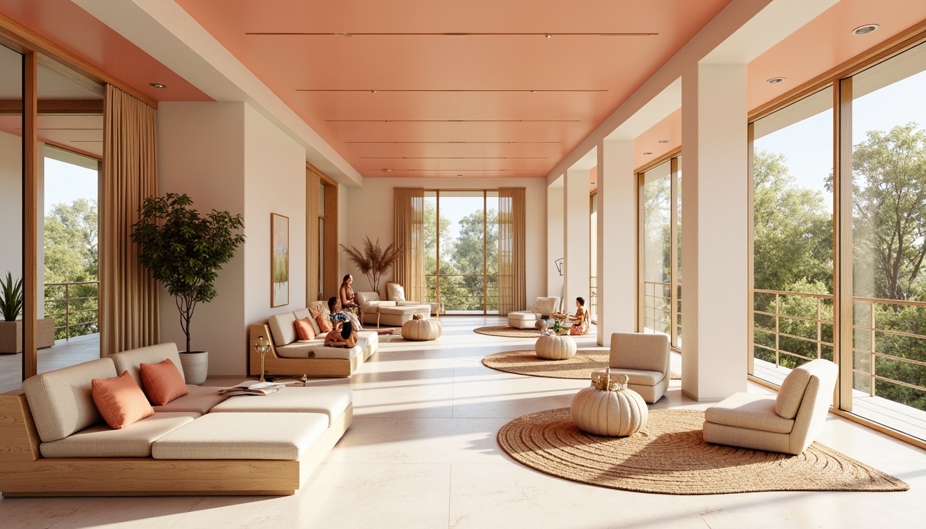 Prompt: Vibrant modern interior, pastel color scheme, soft peach tones, creamy whites, rich wood accents, metallic gold fixtures, natural textiles, plush area rugs, floor-to-ceiling windows, abundant sunlight, warm cozy ambiance, 1/1 composition, shallow depth of field, realistic renderings, ambient occlusion.