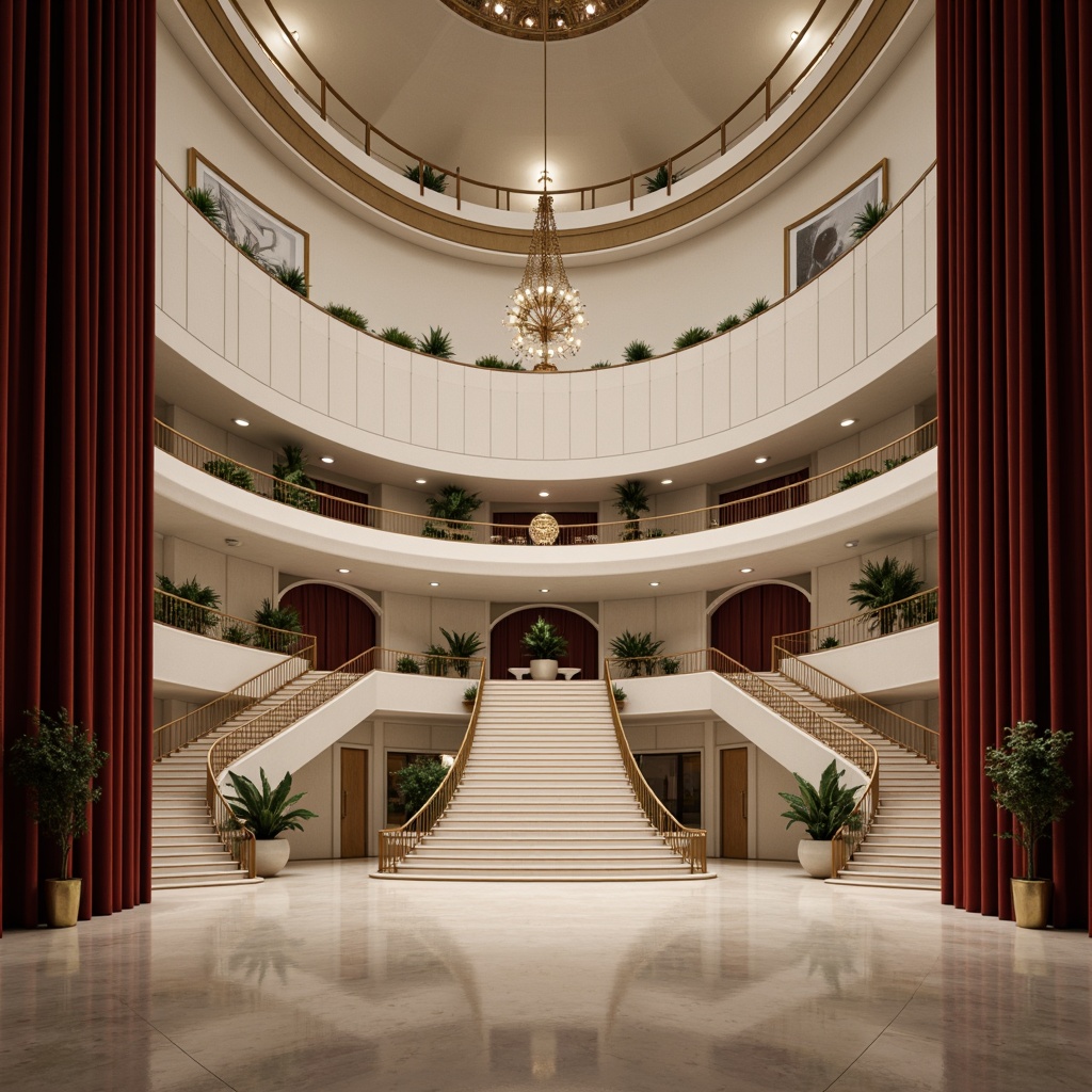 Prompt: Elegant opera house, minimalist architecture, neutral color palette, creamy whites, soft grays, rich blacks, subtle gold accents, ornate details, grand chandeliers, sweeping staircases, luxurious red velvet curtains, polished marble floors, dramatic spotlights, warm ambient lighting, shallow depth of field, 1/1 composition, symmetrical framing, realistic textures, subtle reflections.