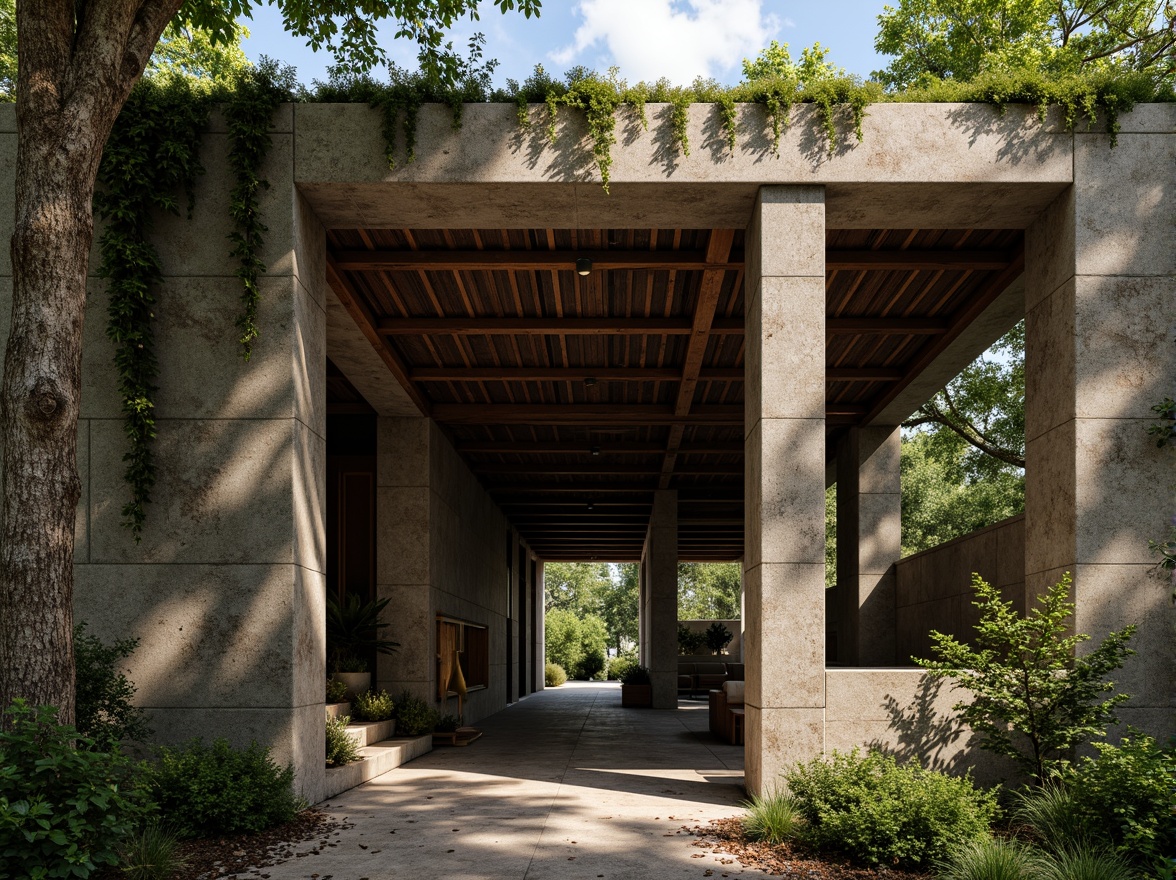 Prompt: Rugged pavilion, brutalist architecture, rough-hewn stone walls, exposed concrete columns, weathered wooden accents, industrial metal beams, distressed finishes, tactile roughness, organic natural forms, earthy color palette, moss-covered surfaces, overgrown vegetation, dramatic shadows, high-contrast lighting, cinematic atmosphere, 1/2 composition, low-angle shot, gritty realistic textures, ambient occlusion.