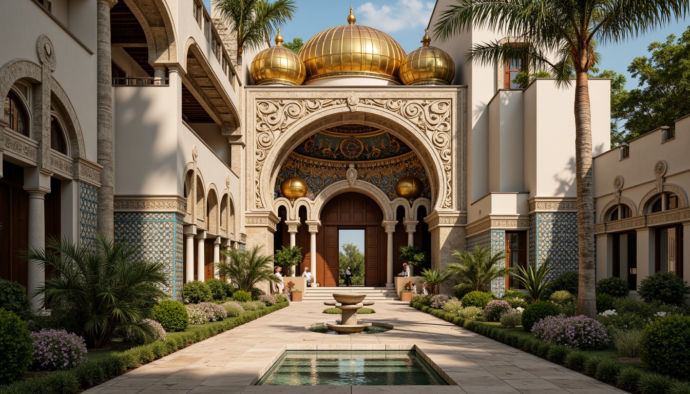 Prompt: Intricate stone carvings, ornate golden domes, majestic archways, grand entrance gates, rustic wooden doors, vibrant mosaic patterns, richly textured stonework, Byzantine-inspired frescoes, serene courtyard gardens, tranquil fountain features, soft warm lighting, shallow depth of field, 3/4 composition, panoramic view, realistic textures, ambient occlusion.