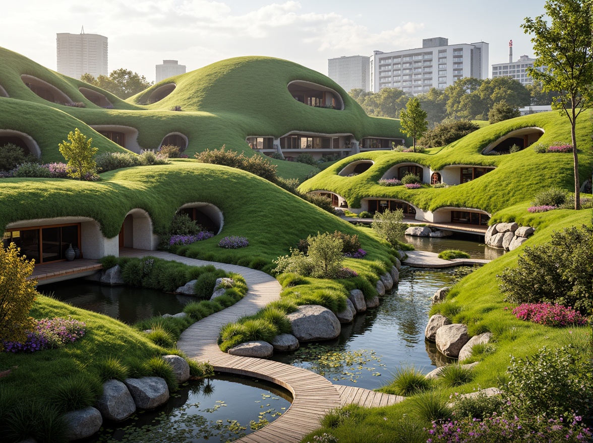 Prompt: Organic blob-shaped buildings, curved lines, futuristic architecture, lush green roofs, verdant walls, natural stone foundations, winding water features, serene ponds, walking trails, wooden bridges, vibrant flower arrangements, native plant species, warm sunny day, soft diffused lighting, shallow depth of field, 3/4 composition, panoramic view, realistic textures, ambient occlusion.