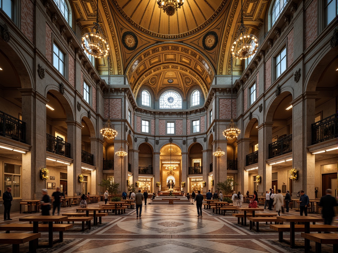 Prompt: Golden dome, ornate mosaics, intricate stone carvings, Byzantine architectural style, grand cathedral interior, high ceilings, vaulted arches, ornate chandeliers, stained glass windows, marble floors, richly patterned textiles, warm soft lighting, shallow depth of field, 1/1 composition, symmetrical view, realistic textures, ambient occlusion.