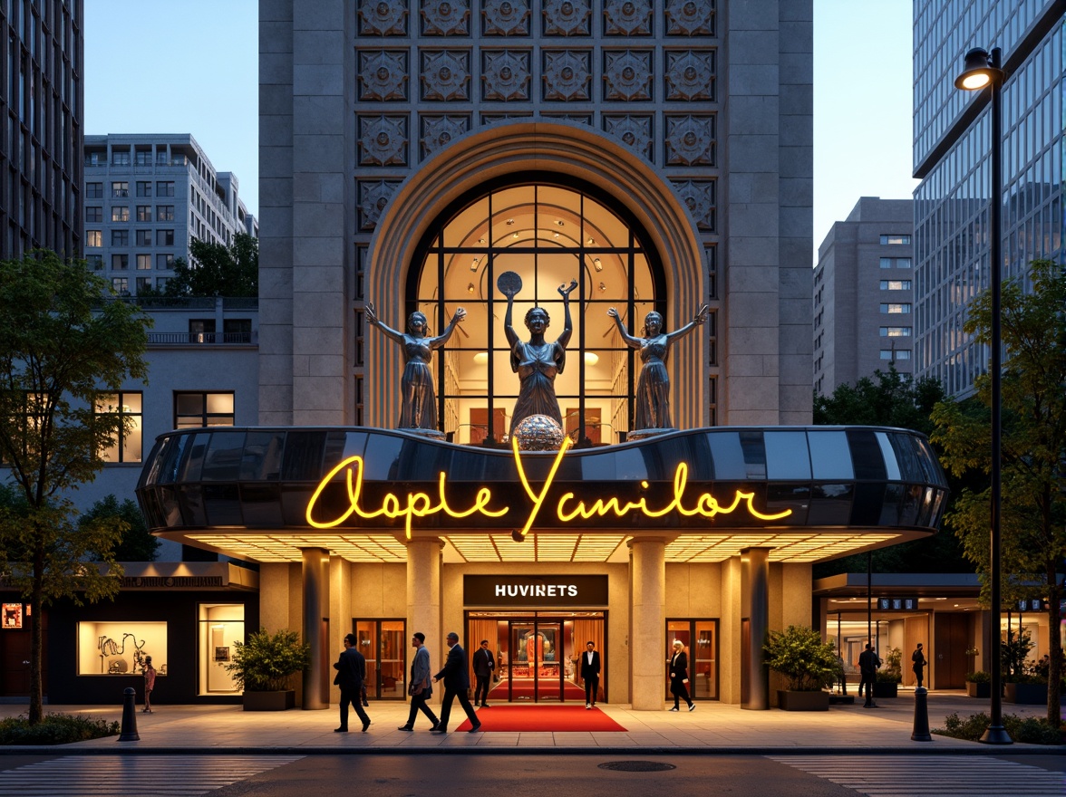 Prompt: Curved theater facade, streamline moderne architecture, metallic materials, polished chrome accents, geometric patterns, abstract sculptures, urban cityscape, evening ambient lighting, warm golden glow, shallow depth of field, 1/1 composition, symmetrical balance, ornate details, luxurious textiles, velvet curtains, grand entrance, red carpet, spotlights, dramatic shadows, cinematic atmosphere.