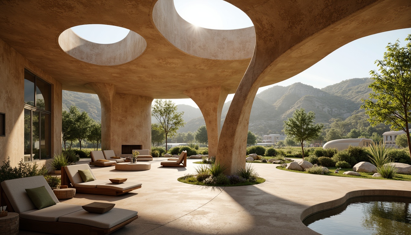 Prompt: Organic architecture, undulating curves, natural materials, earthy tones, transparent glass facades, minimalist ornamentation, seamless connections, fluid interior spaces, abundant natural light, soft diffused shadows, warm ambient lighting, 3/4 composition, shallow depth of field, realistic textures, ambient occlusion.