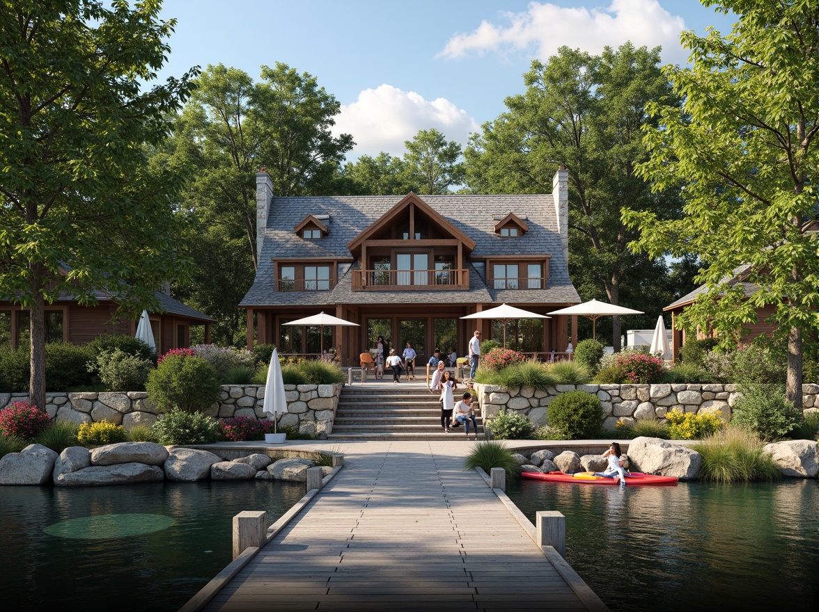 Prompt: Waterfront boathouse, rustic wooden dock, serene lake scenery, lush greenery, vibrant flowers, natural stone walls, wooden accents, nautical decorations, sailboats, kayaks, paddleboards, tranquil atmosphere, warm sunny day, soft diffused lighting, shallow depth of field, 3/4 composition, panoramic view, realistic textures, ambient occlusion.