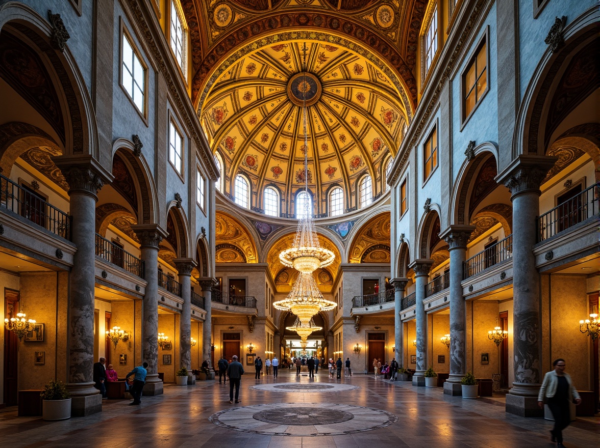 Prompt: Golden dome, ornate mosaics, intricate stone carvings, Byzantine architectural style, grand cathedral interior, high ceilings, vaulted arches, ornate chandeliers, stained glass windows, marble floors, richly patterned textiles, warm soft lighting, shallow depth of field, 1/1 composition, symmetrical view, realistic textures, ambient occlusion.