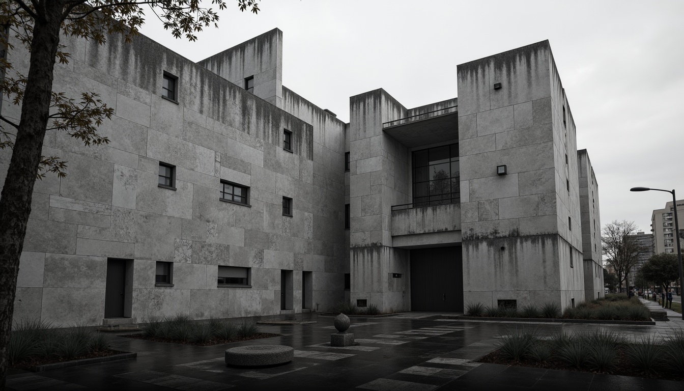 Prompt: Rugged brutalist facade, raw concrete textures, fortress-like structure, angular geometries, monumental scale, urban cityscape, overcast sky, dramatic shadows, bold architectural forms, exposed ductwork, industrial materials, functional minimalism, repetitive rhythms, abstract patterns, cold monochromatic color palette, high-contrast lighting, cinematic composition, atmospheric perspective, gritty realistic rendering.