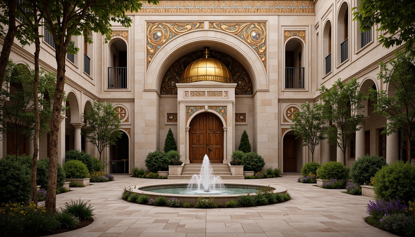 Prompt: Intricate stone carvings, ornate golden domes, majestic archways, grand entrance gates, rustic wooden doors, vibrant mosaic patterns, richly textured stonework, Byzantine-inspired frescoes, serene courtyard gardens, tranquil fountain features, soft warm lighting, shallow depth of field, 3/4 composition, panoramic view, realistic textures, ambient occlusion.