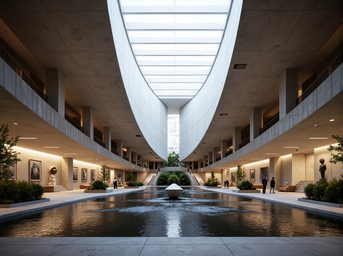 Prompt: Sweeping curves, cantilevered roofs, grand atriums, solemn memorials, historic artifacts, natural stone walls, polished black granite, minimalist landscaping, serene water features, abstract sculptures, dramatic skylights, diffused soft lighting, shallow depth of field, 1/1 composition, panoramic view, realistic textures, ambient occlusion.