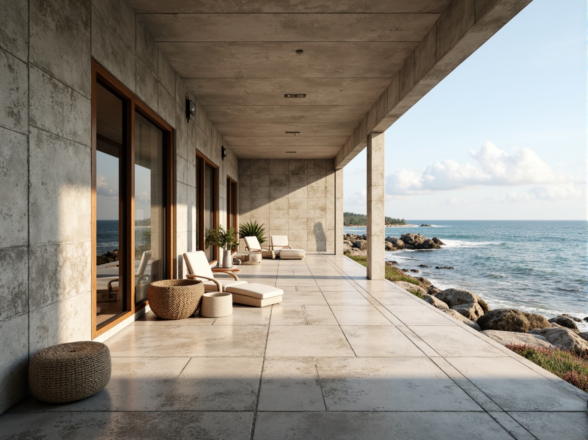 Prompt: Weathered concrete walls, rough ocean-battered surfaces, salty sea air, crashing waves, seaside promenade, modern coastal architecture, minimalist design, large windows, sliding glass doors, natural ventilation, open floor plans, beachy vibe, driftwood accents, coral-inspired patterns, soft warm lighting, shallow depth of field, 1/1 composition, realistic textures, ambient occlusion.