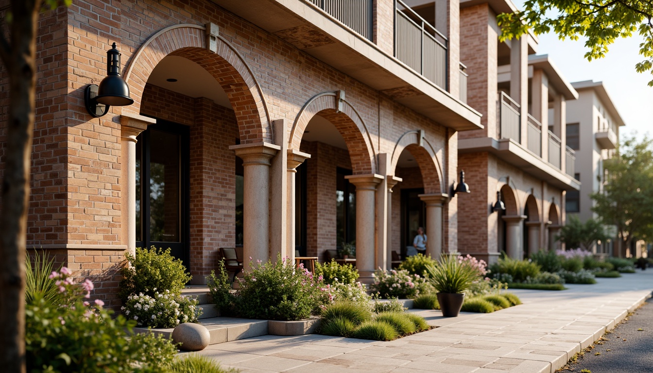 Prompt: Rustic brick facade, earthy tones, textured masonry, ornate archways, grand entranceways, classic columns, vintage street lamps, charming pedestrian walkways, lush greenery, blooming flowers, warm sunny day, soft natural lighting, shallow depth of field, 3/4 composition, realistic textures, ambient occlusion.