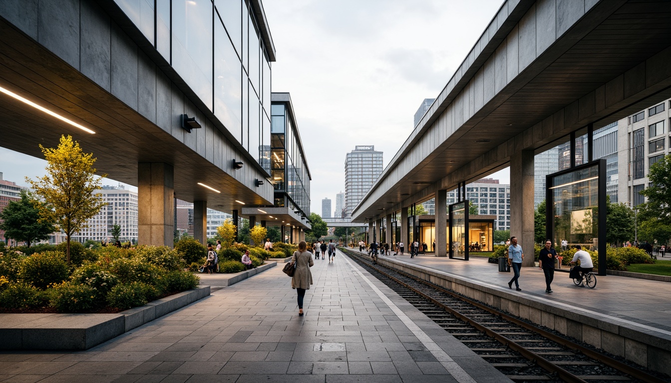 Prompt: Modern train station, sleek glass roofs, rainwater harvesting systems, green walls, lush vegetation, natural stone flooring, stainless steel handrails, LED lighting, energy-efficient systems, water conservation measures, grey water reuse, flood-resistant design, elevated platforms, cantilevered canopies, transparent glass fa\u00e7ades, urban landscape views, bustling city atmosphere, soft warm lighting, shallow depth of field, 3/4 composition, panoramic view, realistic textures, ambient occlusion.