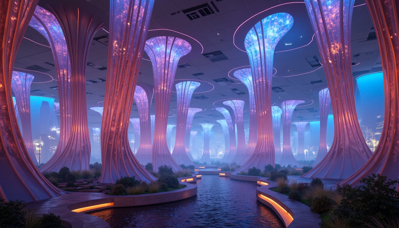 Prompt: Organic, curvaceous towers, iridescent colors, shimmering effects, translucent materials, futuristic architecture, undulating structures, amoeba-inspired shapes, glowing accents, neon lights, misty atmosphere, dreamy ambiance, soft focus, shallow depth of field, 1/1 composition, symmetrical view, vibrant textures, ambient occlusion.