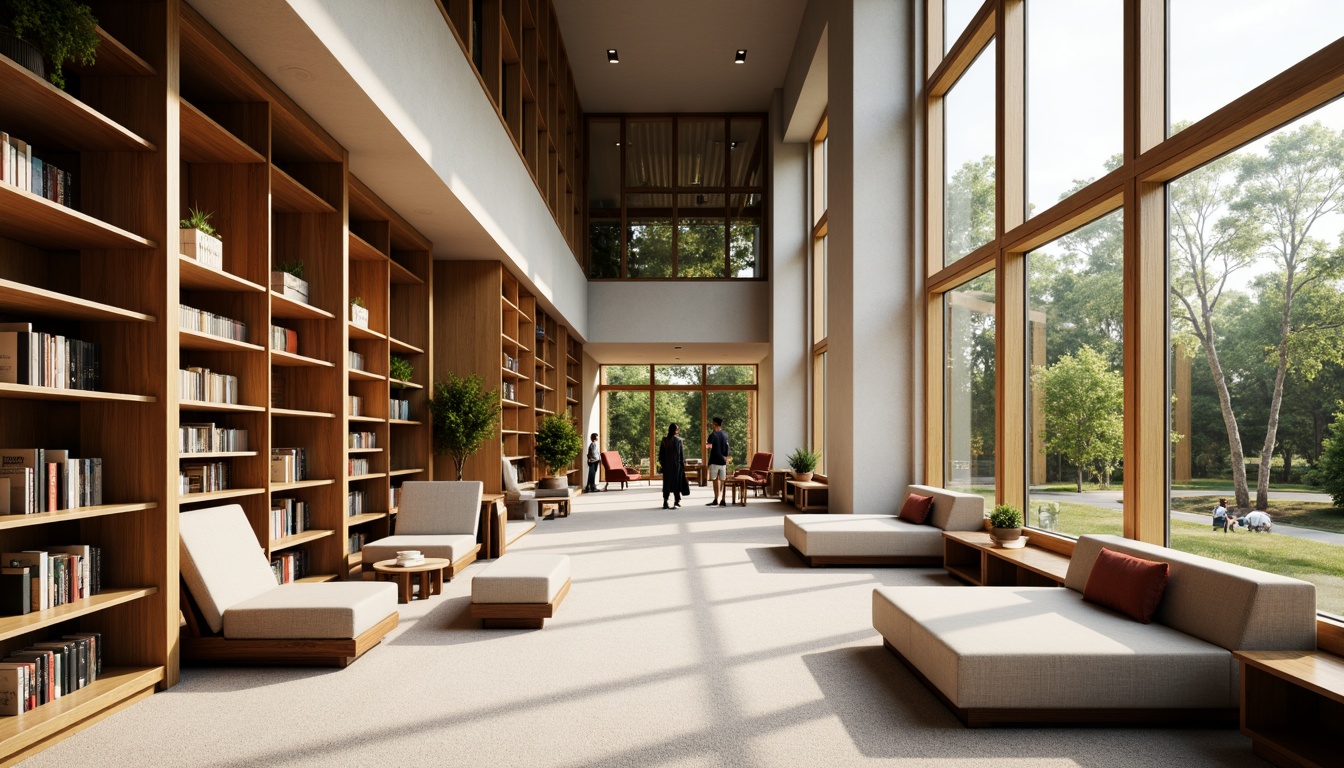 Prompt: Cozy reading nooks, abundant natural light, floor-to-ceiling windows, wooden shelves, comfortable seating areas, warm color schemes, soft carpeting, minimal artificial lighting, high ceilings, open spaces, modern minimalist architecture, subtle texture variations, realistic material rendering, 1/1 composition, softbox lighting, ambient occlusion.