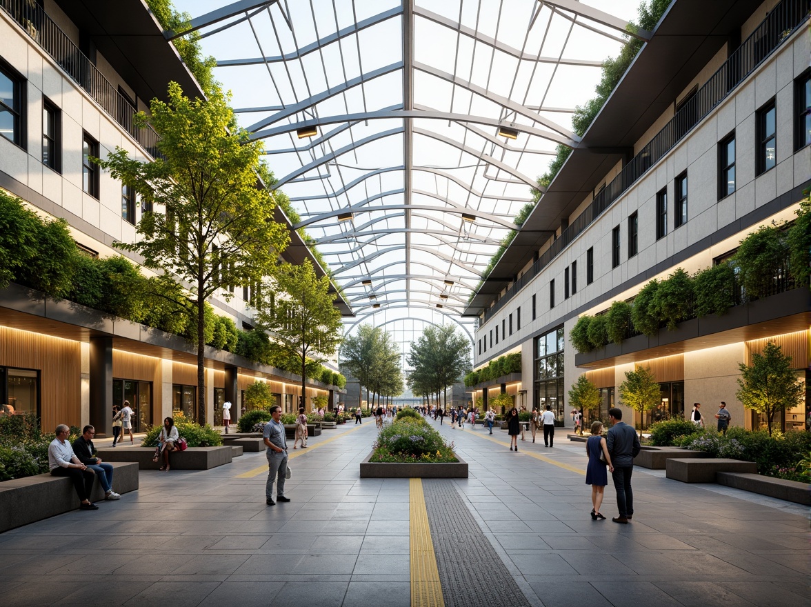 Prompt: Vibrant train station plaza, lush green roofs, natural stone walls, modern architecture, large glass canopies, steel beams, urban landscape integration, pedestrian-friendly walkways, bike lanes, public art installations, dynamic lighting systems, shallow depth of field, 3/4 composition, panoramic view, realistic textures, ambient occlusion, bustling city atmosphere, morning commute scene, soft warm lighting.