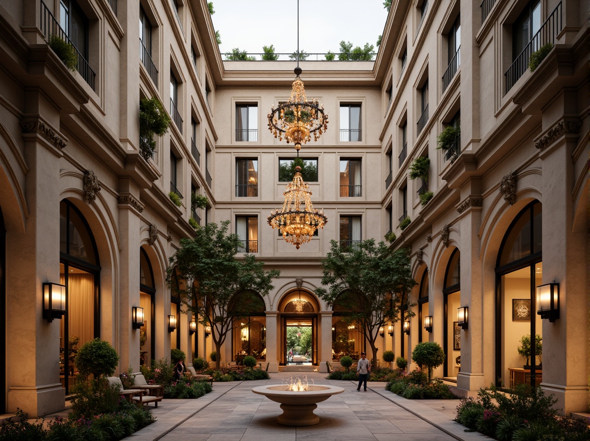 Prompt: Grandiose hotel facade, ornate columns, intricately carved stonework, symmetrical architecture, majestic entrance, opulent chandeliers, lavish balconies, elegant archways, refined moldings, subtle cornices, soft warm lighting, shallow depth of field, 1/1 composition, realistic textures, ambient occlusion, luxurious materials, marble floors, velvet drapes, gilded accents, ornamental fountains, serene courtyard, lush greenery, vibrant flowers.