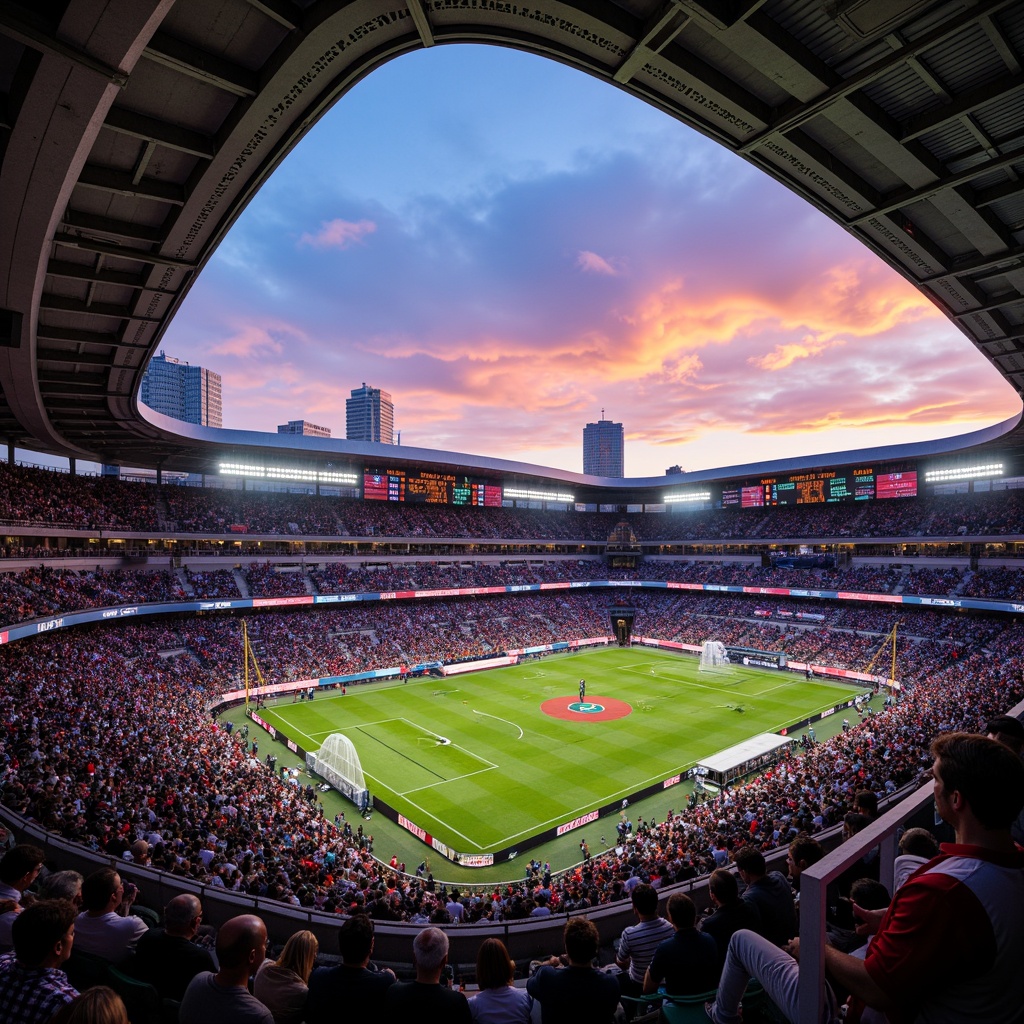 Prompt: Vibrant stadium atmosphere, energetic crowd, dynamic sports lighting, bold team colors, contrasting shades, gradient effects, metallic accents, sleek modern architecture, curved lines, geometric patterns, urban landscape, city skyline, evening sunset, warm golden hour, soft ambient glow, 1/2 composition, shallow depth of field, realistic textures, ambient occlusion.