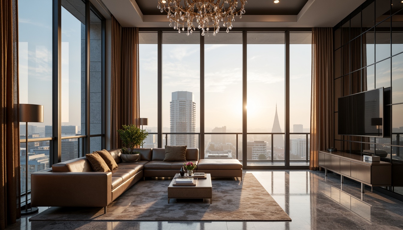 Prompt: Luxurious penthouse, sleek modern architecture, floor-to-ceiling windows, polished marble floors, metallic accents, lavish furnishings, velvet drapes, crystal chandeliers, minimalist decor, urban cityscape views, misty morning light, soft warm glow, shallow depth of field, 1/1 composition, realistic reflections, ambient occlusion.