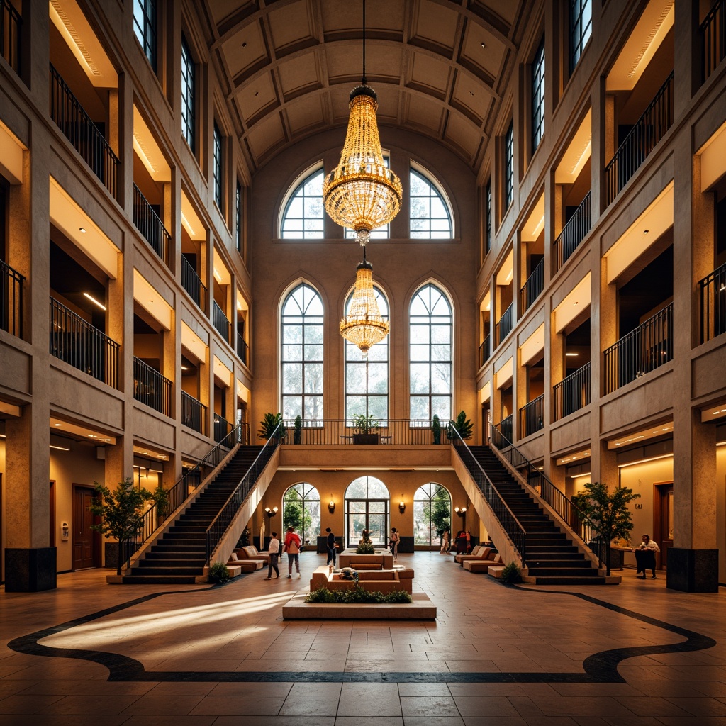 Prompt: Grand cultural center, high ceilings, ornate chandeliers, warm ambient lighting, soft spotlights, LED wall washes, elegant staircases, marble floors, intricate architectural details, natural stone walls, large windows, diffused daylight, warm color temperatures, dramatic shadows, 1/2 composition, shallow depth of field, realistic textures, ambient occlusion.