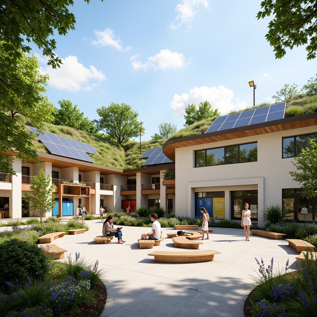 Prompt: Vibrant middle school courtyard, lush green roofs, solar panels, wind turbines, water conservation systems, eco-friendly materials, natural stone walls, curved lines, minimalist design, abundant daylight, soft warm lighting, shallow depth of field, 3/4 composition, panoramic view, realistic textures, ambient occlusion, educational murals, inspirational quotes, colorful lockers, wooden benches, modern furniture, collaborative learning spaces, flexible classrooms, interactive whiteboards, futuristic architecture, sustainable energy solutions.