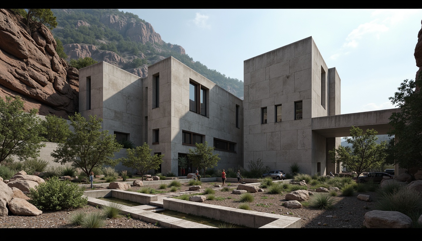 Prompt: Rugged natural landscape, rocky outcrops, sparse vegetation, brutalist concrete buildings, fortress-like structures, angular lines, raw unfinished surfaces, industrial materials, exposed ductwork, minimalist decor, functional simplicity, dramatic shadows, harsh overhead lighting, 1/1 composition, low-angle shot, cinematic atmosphere, realistic textures, ambient occlusion.