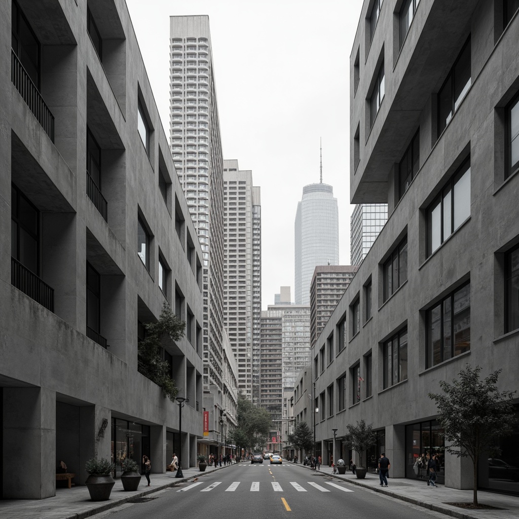 Prompt: Geometric buildings, brutalist architecture, raw concrete textures, industrial materials, minimalist decor, open floor plans, functional spaces, modular furniture, urban cityscape, busy streets, modern skyscrapers, abstract sculptures, monochromatic color scheme, high contrast lighting, dramatic shadows, 1/1 composition, symmetrical framing, stark atmospheric mood, realistic renderings.