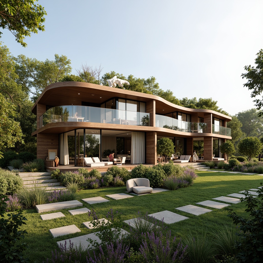 Prompt: Organic villa facade, curved lines, biomimetic forms, natural materials, reclaimed wood, living walls, green roofs, solar panels, wind turbines, water harvesting systems, eco-friendly insulation, large windows, sliding glass doors, panoramic views, soft warm lighting, shallow depth of field, 3/4 composition, realistic textures, ambient occlusion, lush vegetation, blooming flowers, serene atmosphere, sunny day, gentle breeze.