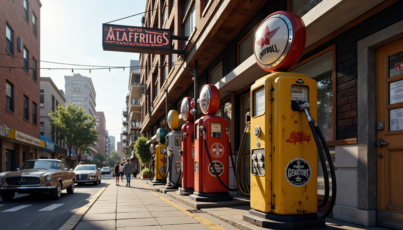 Prompt: Retro-style gas pumps, eclectic architecture, bold color schemes, vintage signage, distressed textures, rusty metal accents, reclaimed wood elements, industrial lighting fixtures, urban cityscape, busy streets, morning sunlight, shallow depth of field, 1/2 composition, realistic reflections, ambient occlusion, neon signs, nostalgic typography, ornate details, Art Deco influences, steampunk inspirations.