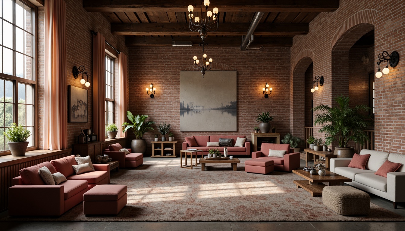 Prompt: Warm industrial loft, exposed brick walls, wooden beams, metal accents, soft warm lighting, cozy atmosphere, romantic ambiance, rich earthy tones, muted pastel hues, distressed wood textures, vintage decorative items, plush velvet fabrics, ornate metal fixtures, dimmable pendant lamps, eclectic artwork, natural stone flooring, reclaimed wood furniture, intimate seating areas, dramatic drapery, moody color palette, warm beige tones, soft peach accents, dusty rose undertones, muted sage greens, weathered copper details.