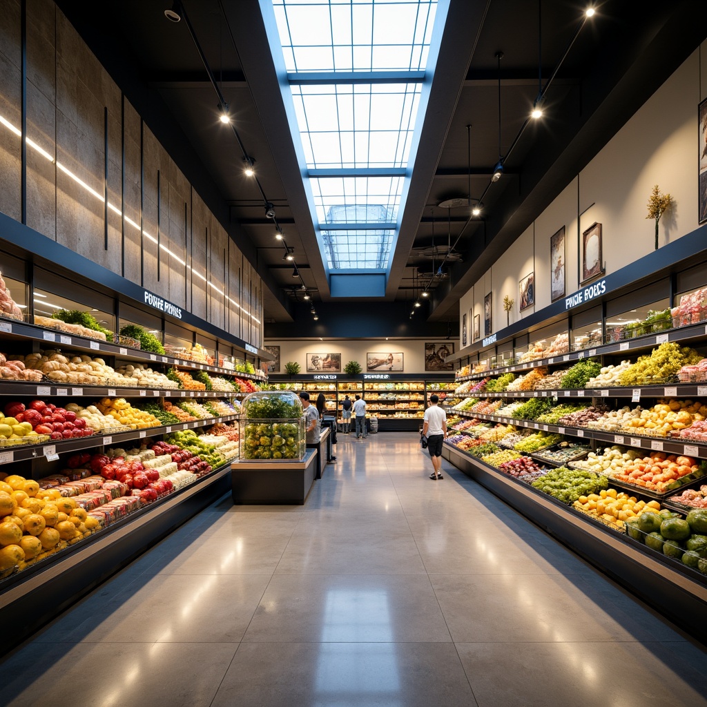 Prompt: Modern grocery store interior, sleek shelving units, fresh produce displays, ambient LED lighting, warm color temperatures, energy-efficient solutions, suspended ceiling fixtures, recessed lighting, aisle navigation signs, polished concrete floors, minimalist decor, natural stone accents, abundant natural light, skylights, clerestory windows, softbox lighting, 1/1 composition, realistic reflections, subtle shadows.