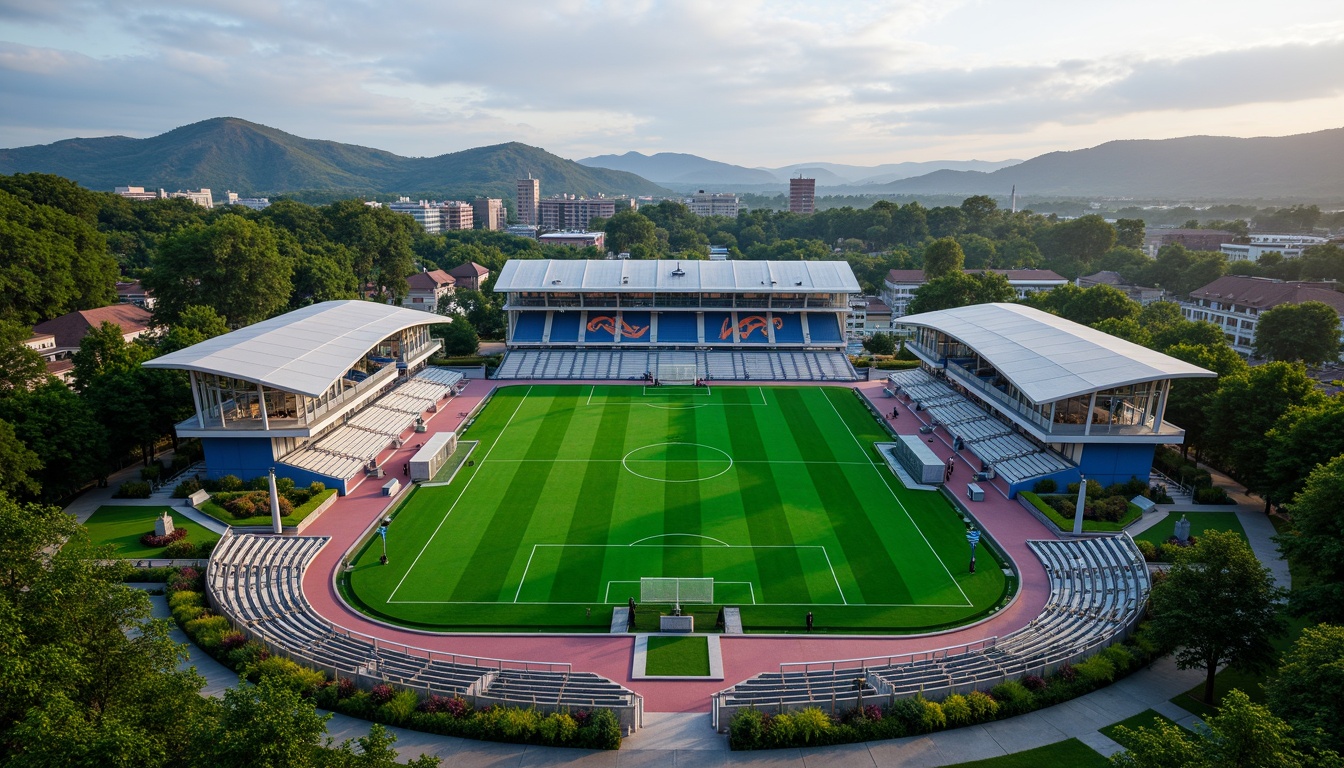 Prompt: Panoramic football stadium, lush green landscape, rolling hills, natural stone seating areas, vibrant flower beds, modern architecture, sleek metal structures, transparent roofs, cantilevered upper decks, dynamic lighting systems, misting systems, shaded spectator zones, eco-friendly materials, sustainable water management, integrated rainwater harvesting, native plant species, curved walkways, grand entrance gates, dramatic evening lighting, shallow depth of field, 3/4 composition, realistic textures, ambient occlusion.